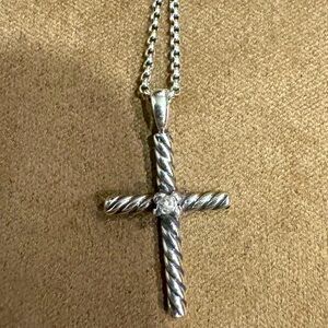 David Yurman Sterling Silver Diamonds Cable Cross Necklace Cross Pendant 16inch